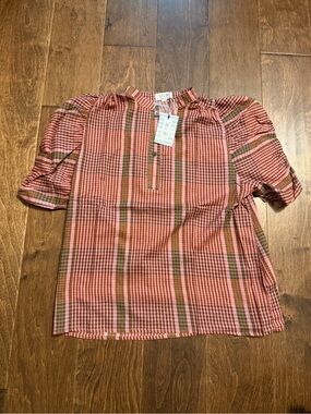 Tulip B Plaid Short-Sleeve Peasant Blouse in Pink